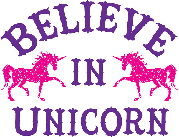 Cute unicorn print. t-shirt design. Kids magic slogan, for clothes, banner, girls, women, child. hand written text. Believe in unicorns - Vector, Image