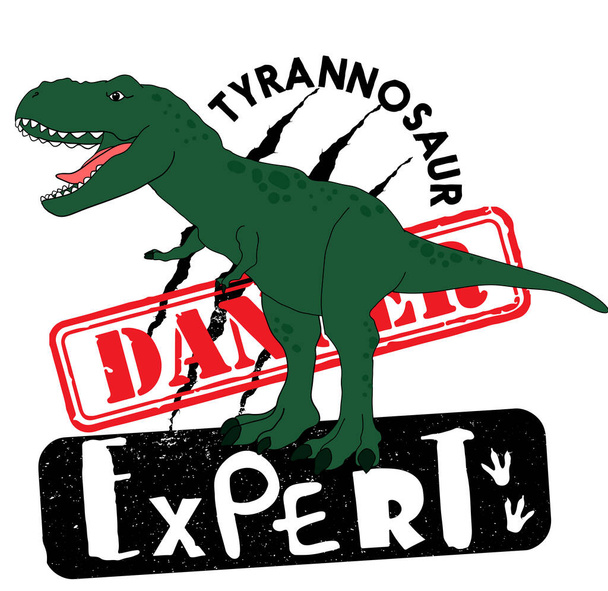 Typografia Fajny druk z dinozaurem i sloganem. T Rex, Niebezpieczeństwo. Do druku, ubrań, t koszuli, dziecka lub sieci. Kreatywny oryginalny design - Wektor, obraz