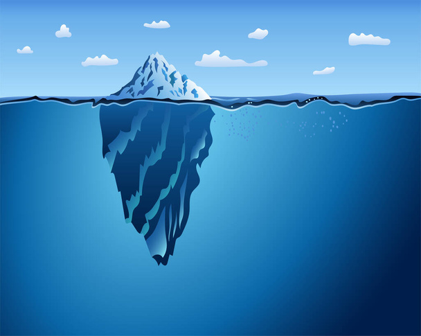 Iceberg nell'oceano con vista sott'acqua. Acqua cristallina. Pericolo nascosto e riscaldamento globale Concetto di fondo. Montagna di ghiaccio blu nell'illustrazione del vettore del mare. Concetto di freschezza del ghiaccio freddo. - Vettoriali, immagini