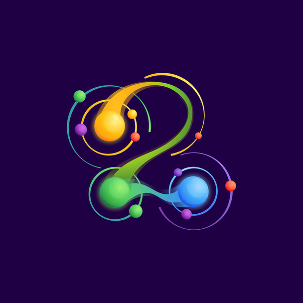 Number two logo with atoms orbits. Vector vivid icon perfect to use in any science labels, technology posters, astronomy identity, etc. - Вектор, зображення