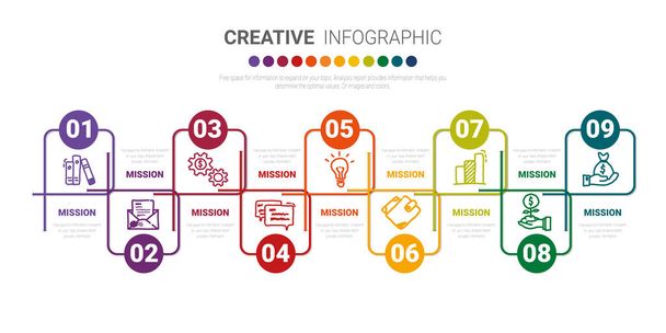 9つのオプション、部品、ステップまたはプロセスを持つあなたのビジネスのためのインフォグラフィックデザイン要素、ベクトルイラスト.  - ベクター画像