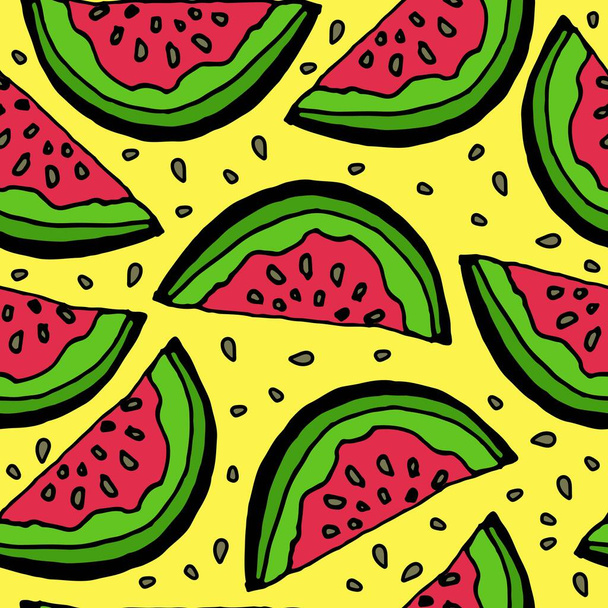 Saumaton kuvio vesimelonin viipaleilla, kesäkauden hedelmillä, hedelmäpainatuksella, mehukas punainen vesimeloni, vektorin kuvitus doodle-tyyliin. - Vektori, kuva