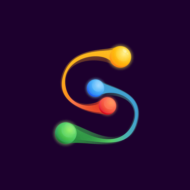 Logotipo de letra S con esferas de colores o puntos y líneas de conexión. Icono de tecnología vectorial perfecto para usar en cualquier etiqueta científica, carteles multimedia, identidad energética, etc.. - Vector, Imagen