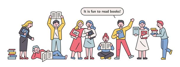gente leyendo los libros, leyendo todo el día  - Vector, Imagen
