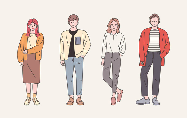  young persons standing in a row - Vector, Image
