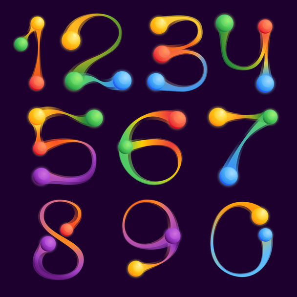 Numbers set with colorful spheres or dots and connecting lines. Vector technology icon perfect to use in any science logo, multimedia posters, energy identity, etc. - Вектор,изображение
