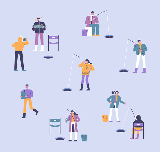 People are enjoying winter fishing. People with simple designs are fishing by drilling holes on the frozen river. vector design illustrations. - Vektor, kép