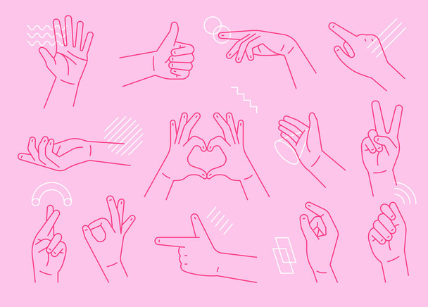 Collecte de gestes de main. coeur, arme, pouce levé, geste du doigt pointeur. illustrations vectorielles. - Vecteur, image