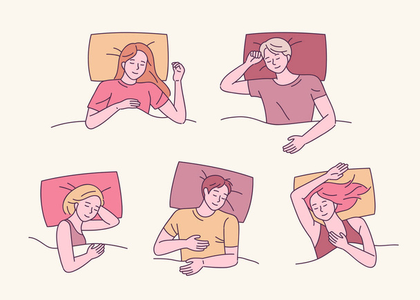 Een verzameling van verschillende slaaphoudingen. Mensen slapen in verschillende posities. vectorontwerp illustraties. - Vector, afbeelding