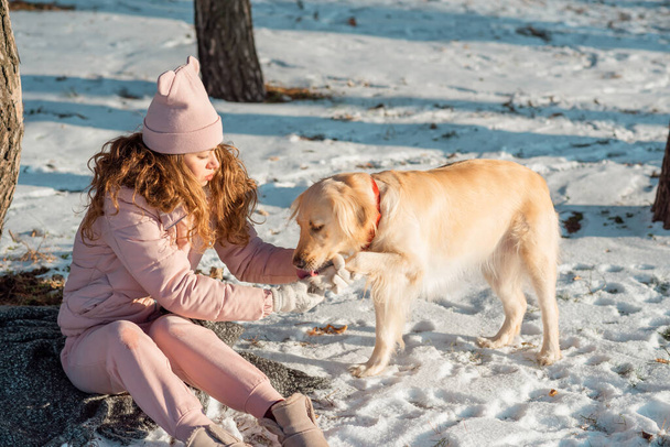 Besitzerin hilft ihrem liebenswerten Hund Golden Retriever, die Pfoten frei zu bekommen. Die Pfoten des Hundes frieren im Winter zu und der Schnee ist verstopft. Ein Mädchen wärmt die Pfoten eines erfrorenen Hundes. Freundschaft, Haustier und Mensch. Sorge um Hund im Winter - Foto, Bild