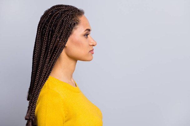 Profile side photo of young attractive afro american woman confident look empty space isolated over grey color background - Φωτογραφία, εικόνα