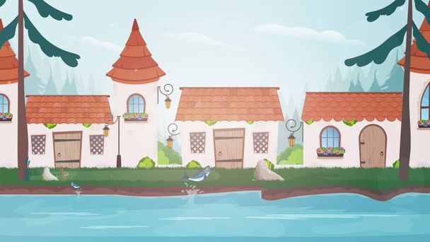 Country case pittoresche nella foresta. Case delle fate. Stile cartone animato. Illustrazione vettoriale - Vettoriali, immagini