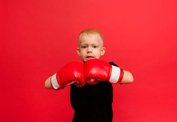 boxeur garçon en colère en gants de boxe rouge sur fond rouge avec espace pour le texte - Photo, image