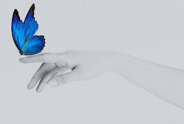 Butterfly on woman's hand. In motion - Foto, Bild