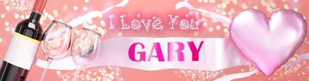 Je t'aime Gary - mariage, Saint-Valentin ou tout simplement pour te dire que je t'aime carte de célébration, joyeux, heureux style de fête avec des paillettes, du vin et un grand ballon de coeur rose, illustration 3D - Photo, image