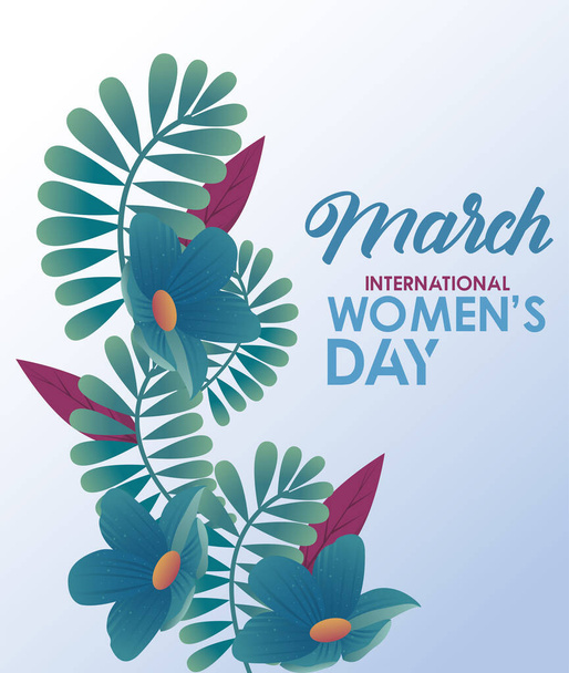 affiche de célébration de la journée internationale des femmes avec des fleurs bleu et lettrage - Vecteur, image