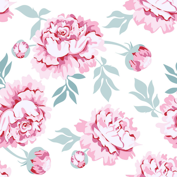 Růžové pivoňkové květy s listy a poupaty na bílém pozadí. Bezproblémový vzorec. Vektorová ilustrace. - Vektor, obrázek
