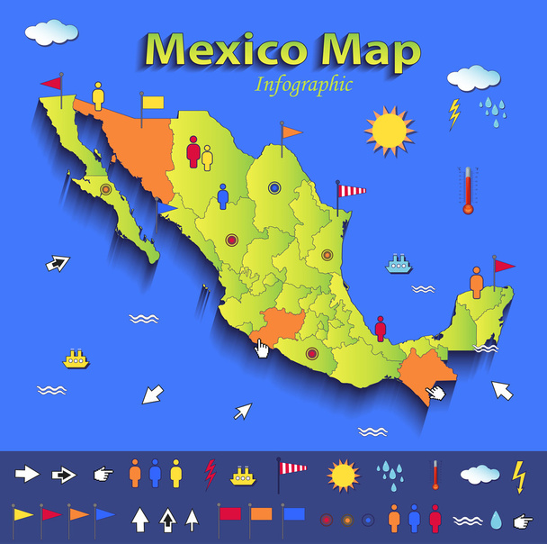 メキシコ地図インフォ グラフィックの政治地図の個々 の状態ブルー グリーン カード紙 3d ベクトル - ベクター画像