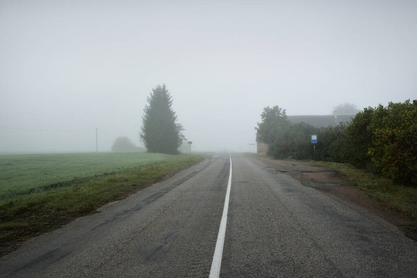 Une autoroute vide (route asphaltée) à travers les champs et la forêt dans un épais brouillard au lever du soleil. Paysage atmosphérique. Scène rurale idyllique. Obscurité, saison d'automne, temps variable, conduite dangereuse, voyage sur la route - Photo, image