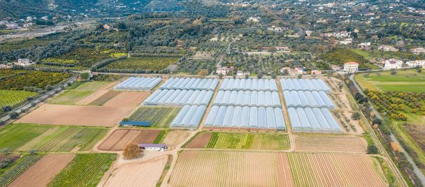 Veduta aerea di campi e serre presso l'azienda agricola vegetale - Foto, immagini