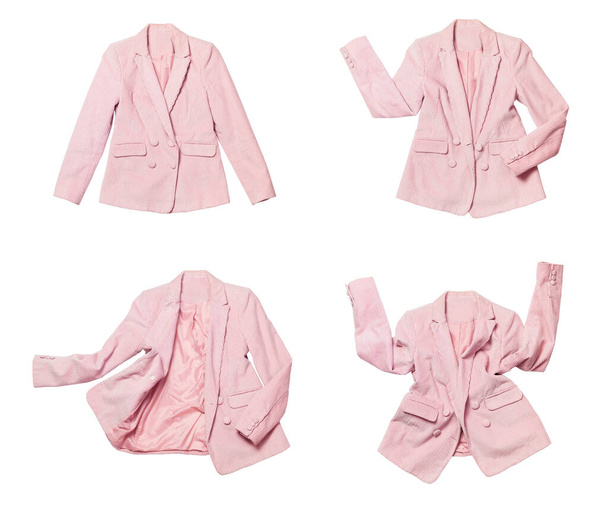 Γυναικείο μοδάτο ροζ σακάκι που απομονώνεται σε λευκό φόντο. Γυναικεία μόδα, ρούχα, στυλάτο βαμβακερό σακάκι. Συλλογή από διάφορα σχήματα που φέρουν σακάκι Corduroy. Ανοιξιάτικα. - Φωτογραφία, εικόνα