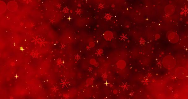 Red confetti, snowflakes and bokeh lights on the red Christmas background. 3D illustration - Photo, Image
