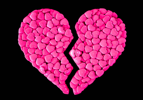 Dwie połówki złamanego serca z małych różowych serc na czarnym, odizolowanym tle. Renderowanie 3D. - Zdjęcie, obraz