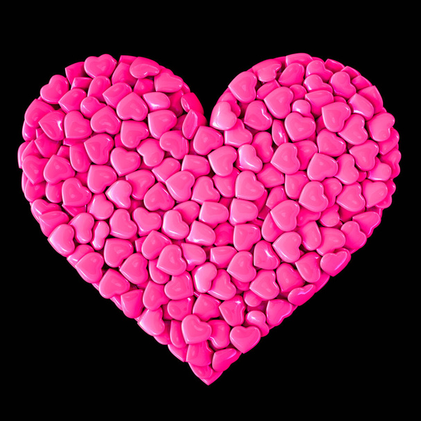 Um grande coração de pequenos corações cor-de-rosa sobre um fundo preto isolado. Renderização 3D. - Foto, Imagem