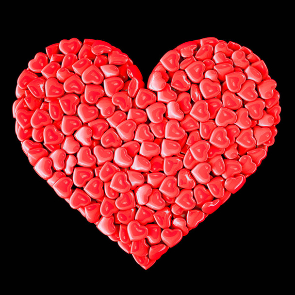 Большое сердце маленьких красных сердечек на черном изолированном фоне. 3D рендеринг. - Фото, изображение