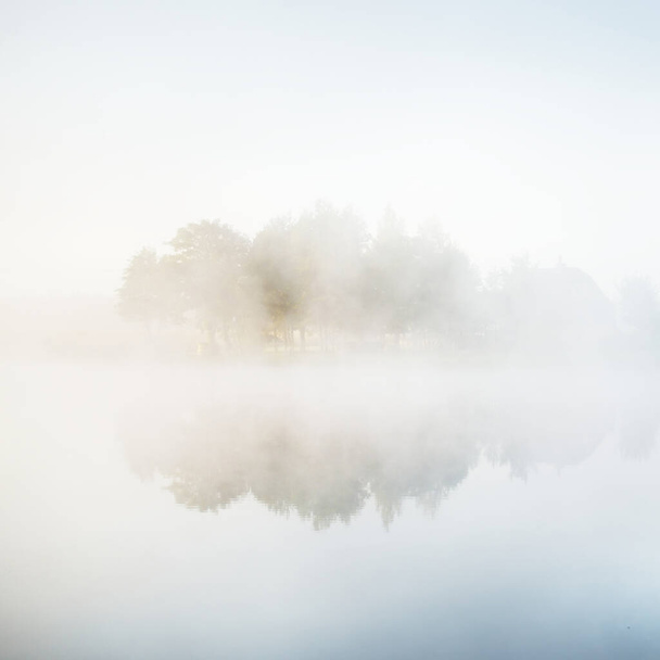 Pintoresco paisaje del lago del bosque en una espesa niebla blanca. Reflexiones sobre el agua. Luz dorada pura. Paisaje atmosférico. Temporada de otoño. Naturaleza, ecología, conservación medioambiental en Europa - Foto, Imagen
