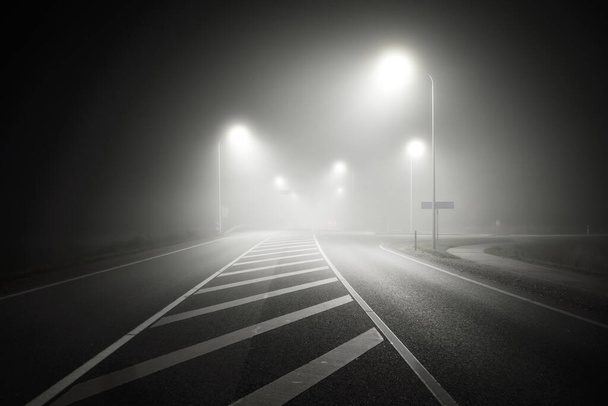 Πανοραμική θέα της φωτισμένης νέας εθνικής οδού σε ομίχλη τη νύχτα, φώτα του δρόμου γκρο πλαν. Φεγγαρόφως. Σκοτεινή αστική σκηνή. Η Ευρώπη. Μεταφορές, εφοδιαστική, ταξίδια, τουρισμός, οδικό ταξίδι, ελευθερία, οδήγηση - Φωτογραφία, εικόνα