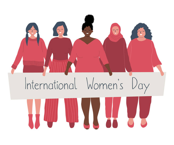 女性の多様なグループが一緒に立ってポスターを保持します。国際女性デーのコンセプト。女性のコミュニティ。女性の連帯。異なる人種の女性のシルエット。ベクターイラスト. - ベクター画像
