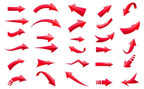 白い背景に異なる赤い矢印のコレクション。3Dアイコンセットの矢印、アプリ、ウェブと音楽のデジタルイラストデザインのための赤い矢印 - 写真・画像