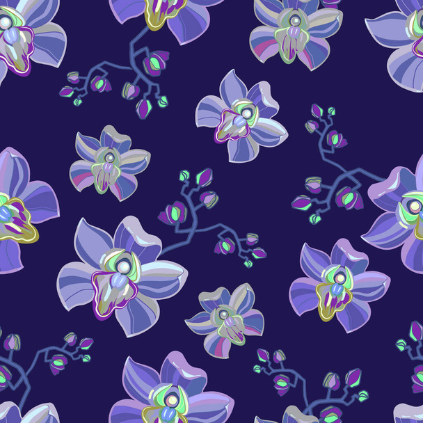 Violeta, roxo macio orquídea floral sem costura padrão. As flores de verão de primavera exóticas florescem. Ilustração do desenho do vetor. - Vetor, Imagem