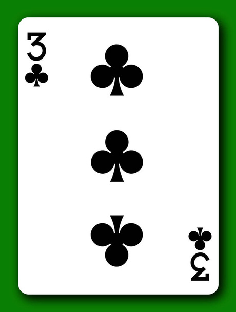 Un 3 Tres de Clubes jugando a la carta con la ruta de recorte para eliminar el fondo y sombra 3d ilustración - Foto, imagen