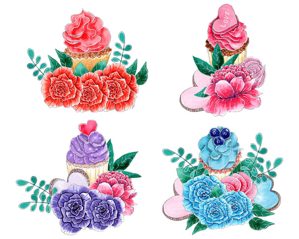 Watercolor floral cupcake compositions set. - Photo, Image