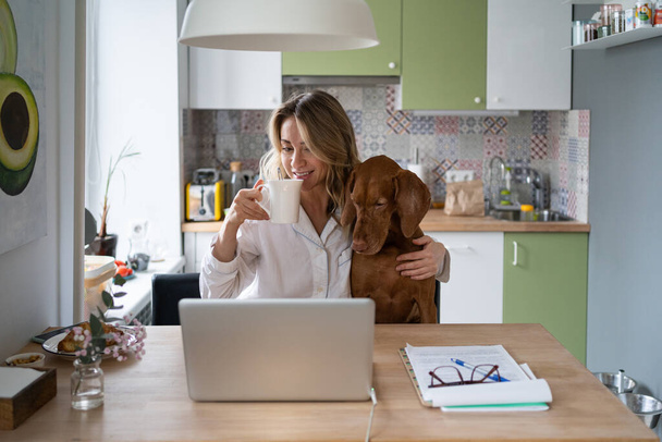 Pijamalı bir kadın mutfakta Vizsla köpeğine sarılıyor çay içiyor ve dizüstü bilgisayara bakıyor. - Fotoğraf, Görsel