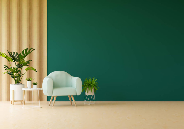 Πολυθρόνα σε πράσινο σαλόνι με ελεύθερο χώρο για mockup, 3D rendering - Φωτογραφία, εικόνα