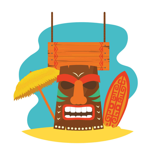 маска гавайского тики с доской для серфинга и зонтиком, красочный дизайн - Вектор,изображение