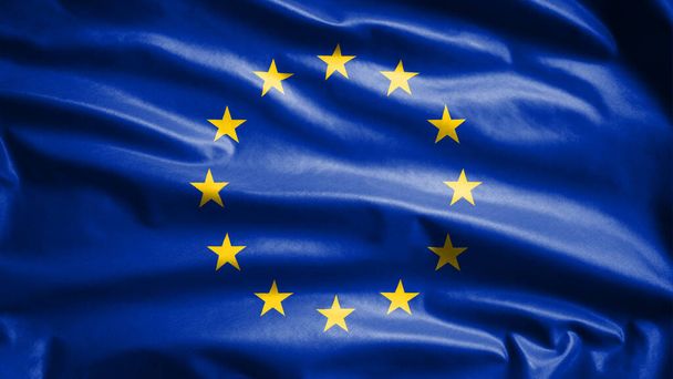 欧州連合(EU)のフラグは、風に手を振る。ヨーロッパのバナーを吹いて、柔らかく滑らかなシルクを閉じます。布生地の質感が背景を刻印。ナショナルデーや国の機会の概念のためにそれを使用する. - 写真・画像