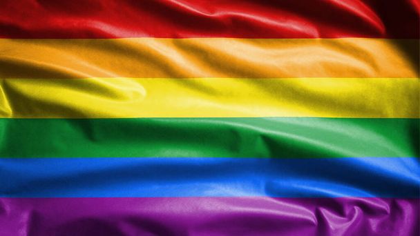 Stolz weht die schwule Fahne im Wind. Großaufnahme von LGBT-Regenbogenfahnen, die wehen, weiche und glatte Seide. Textur Stoff Fähnrich Hintergrund. Nutzen Sie es für nationale Tages- und Veranstaltungskonzepte. - Foto, Bild