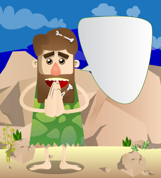 Cartoon prehistoric man with praying hands. Vector illustration of a man from the stone age. - Vector, Image