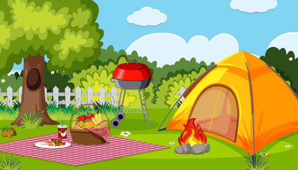 Camping lub piknik w parku przyrody w dzień sceny ilustracja - Wektor, obraz