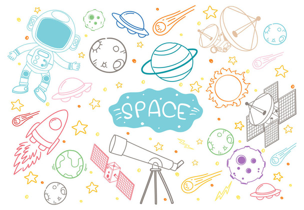 Set di elementi spaziali scarabocchiare isolato su sfondo bianco illustrazione - Vettoriali, immagini