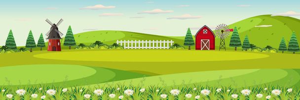 Αγροτεμάχιο τοπίο με τον τομέα και κόκκινο αχυρώνα κατά την καλοκαιρινή εποχή εικονογράφηση - Διάνυσμα, εικόνα