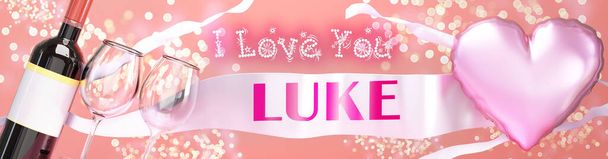 Ik hou van je Luke - bruiloft, Valentijnsdag of gewoon om te zeggen dat ik hou van je viering kaart, vrolijke, vrolijke party stijl met glitter, wijn en een grote roze hart ballon, 3d illustratie - Foto, afbeelding