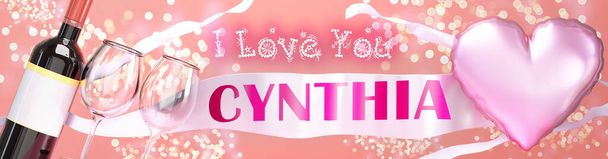 Я люблю тебе Синтія - весілля, Валентинів, чи просто сказати, що люблю тебе, радісний, щасливий стиль вечірки з блиском, вином і великою рожевою кулею серця, 3d ілюстрація - Фото, зображення