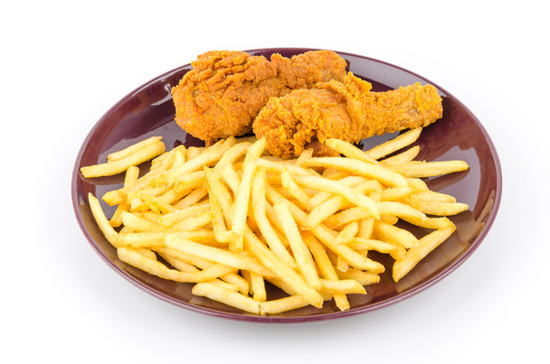 French fries and fried chicken isolated white background - Photo, Image