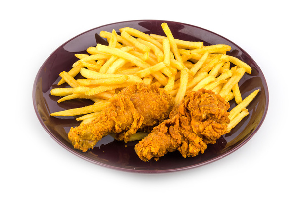 French fries and fried chicken isolated white background - Photo, Image