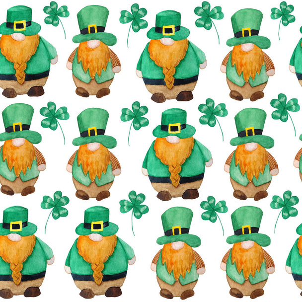 Płynny akwarelowy ręcznie rysowany wzór z elementami parady św. Patryka, irlandzkie krasnoludki krasnoludków w zielonych kapeluszach. Szczęśliwe tło koniczyny shamrock, magia celtyckiej tradycji kultury. - Zdjęcie, obraz